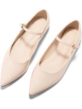 Women's Beige Mary Jane Flats Closed Pointed Toe Ballet Flats Ankle Strap Shoes